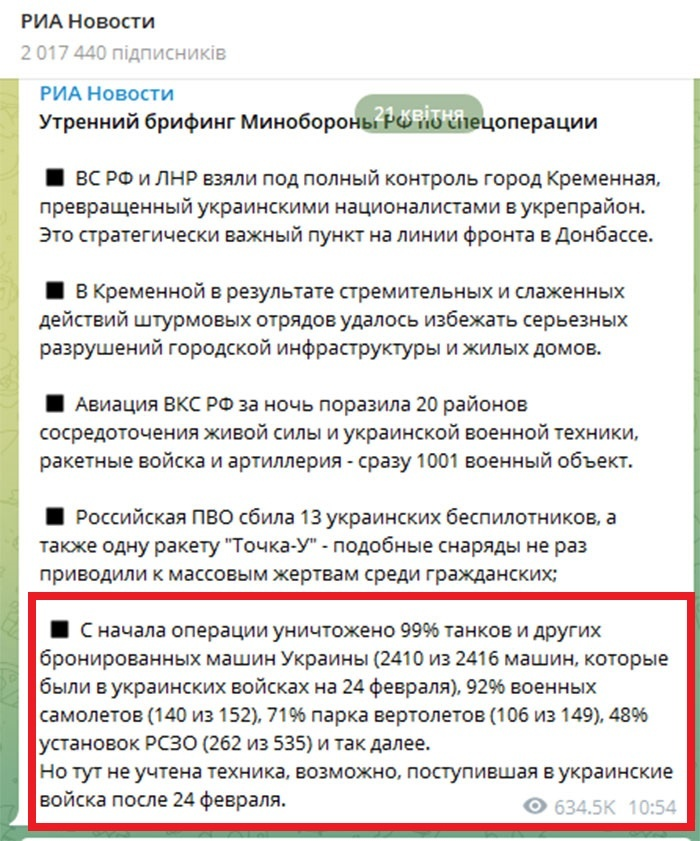 Скриншот из Telegram-канала прокремлевского ресурса
