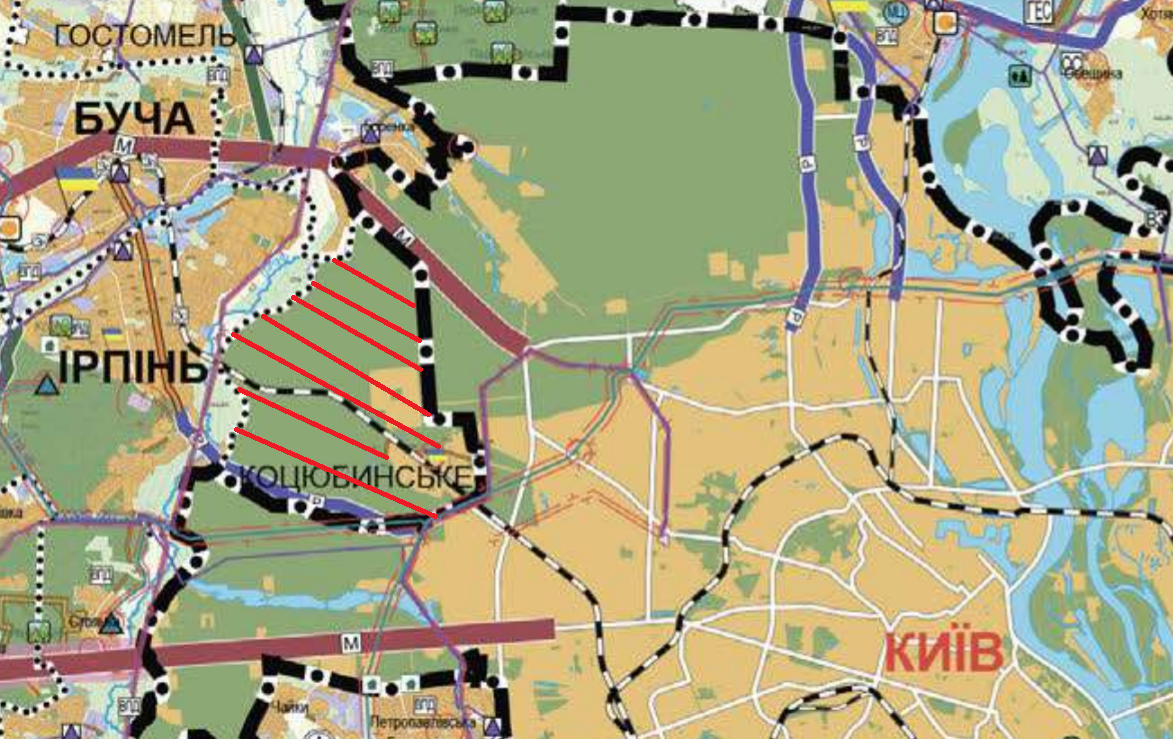 На мапі ділянка, яку область відбирає в Києва, заретушована червоними лініями