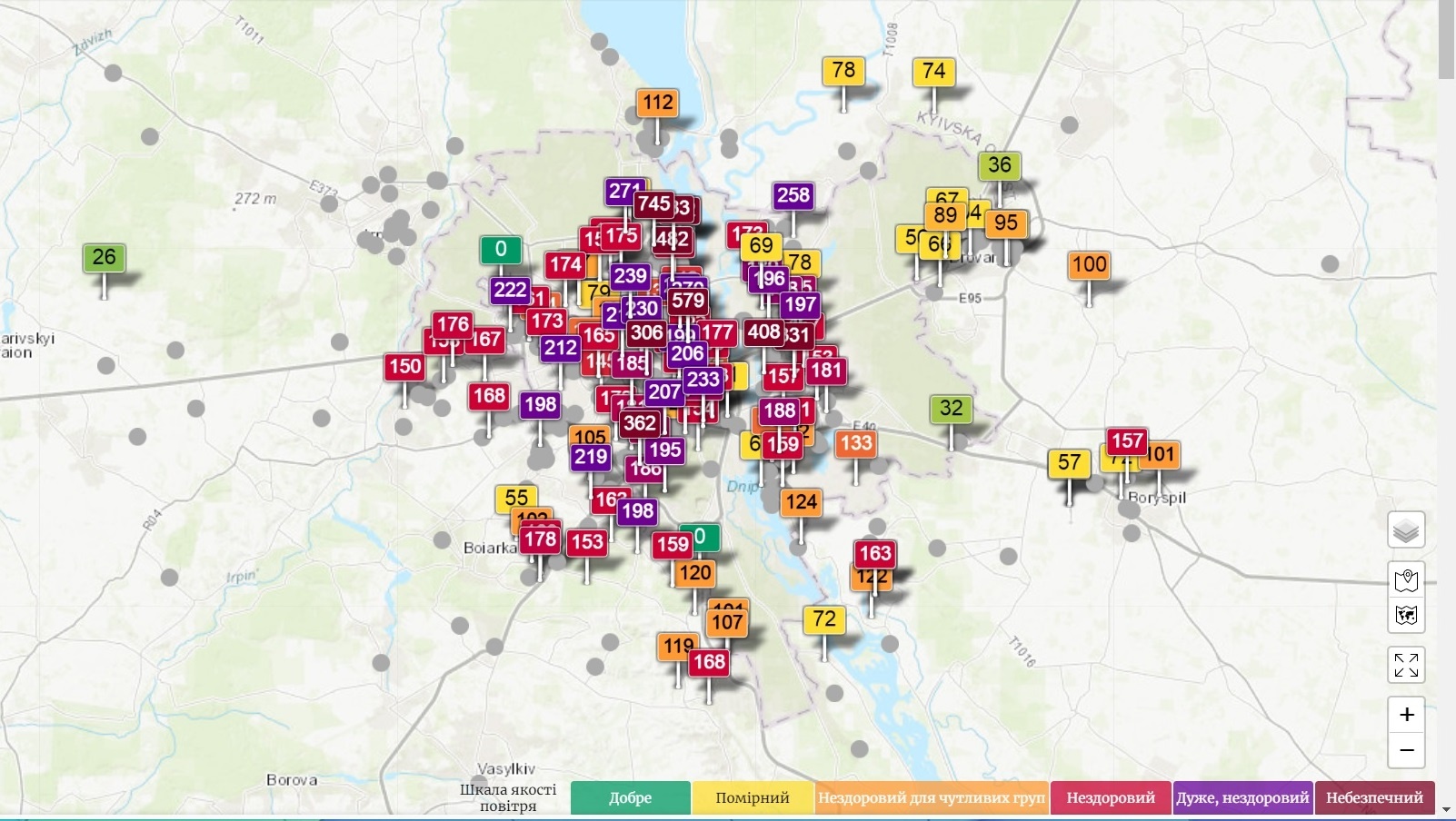 Карта забруднення повітря в Києві в реальному часі